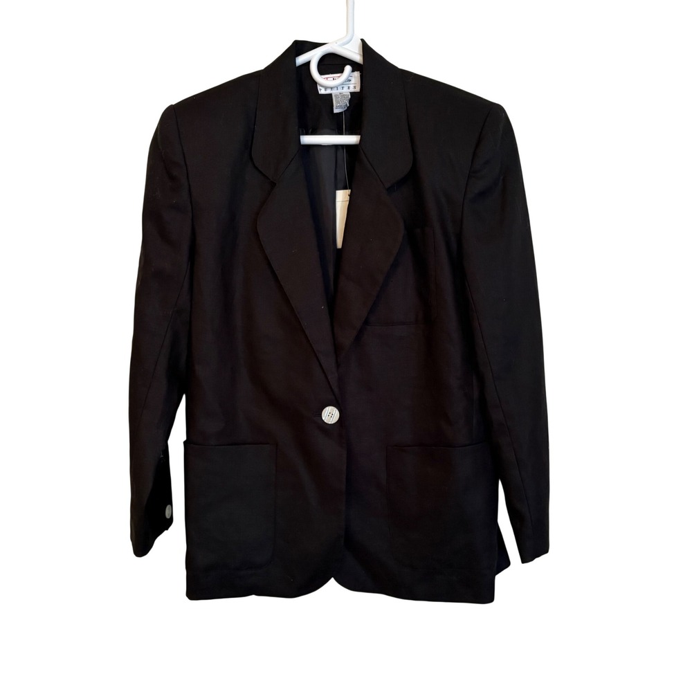 Talbots Petites Vintage Black 100% Linen Single Button Blazer Jacket Size 8P NWT